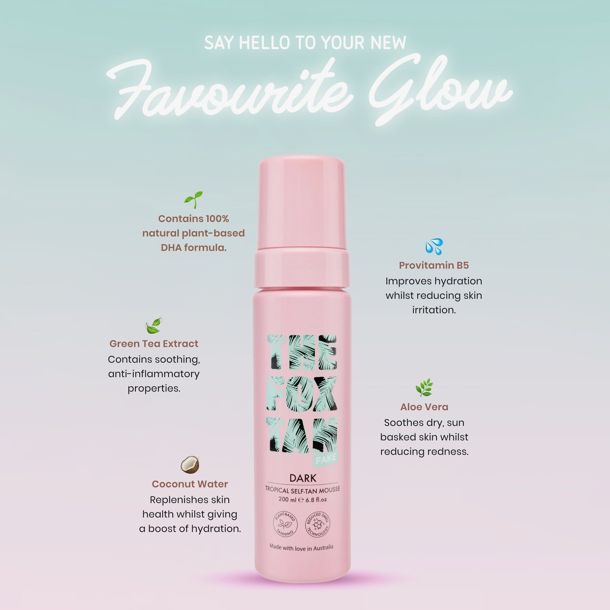 Flacon rose THE FOX TAN DARK Tropical Self-Tan Mousse. Ingrédients: eau de coco, aloe vera, extrait de thé vert.