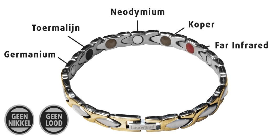Magnetische armband met germanium, toermalijn, neodymium, koper en infrarood. Goud en zilver. Nikkel- en loodvrij.