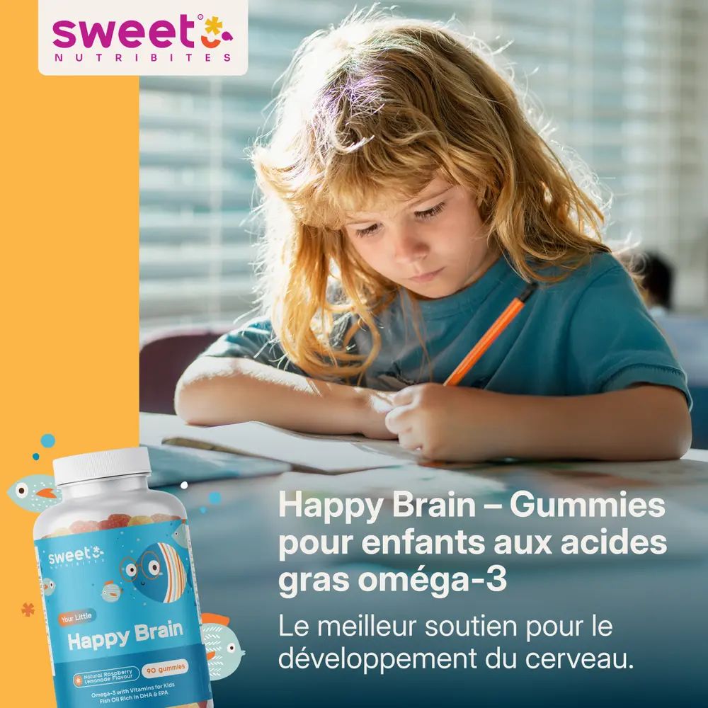Enfant écrit. Flacon de gommes à gauche. Inscription Happy Brain, acides gras oméga-3.