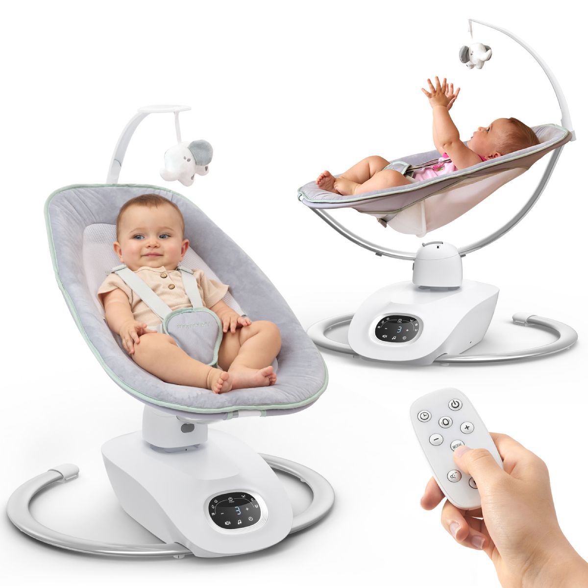 Deux balancelles pour bébés. Une avec bébé, une sans. Télécommande en main.