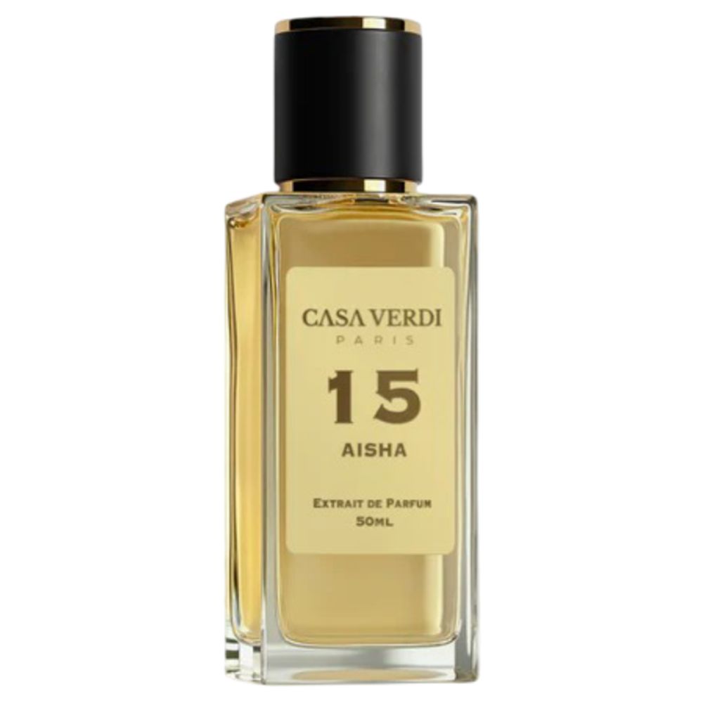 Flacon de parfum avec bouchon noir. Inscription : Casa Verdi, 15 Aisha, Extrait de Parfum.
