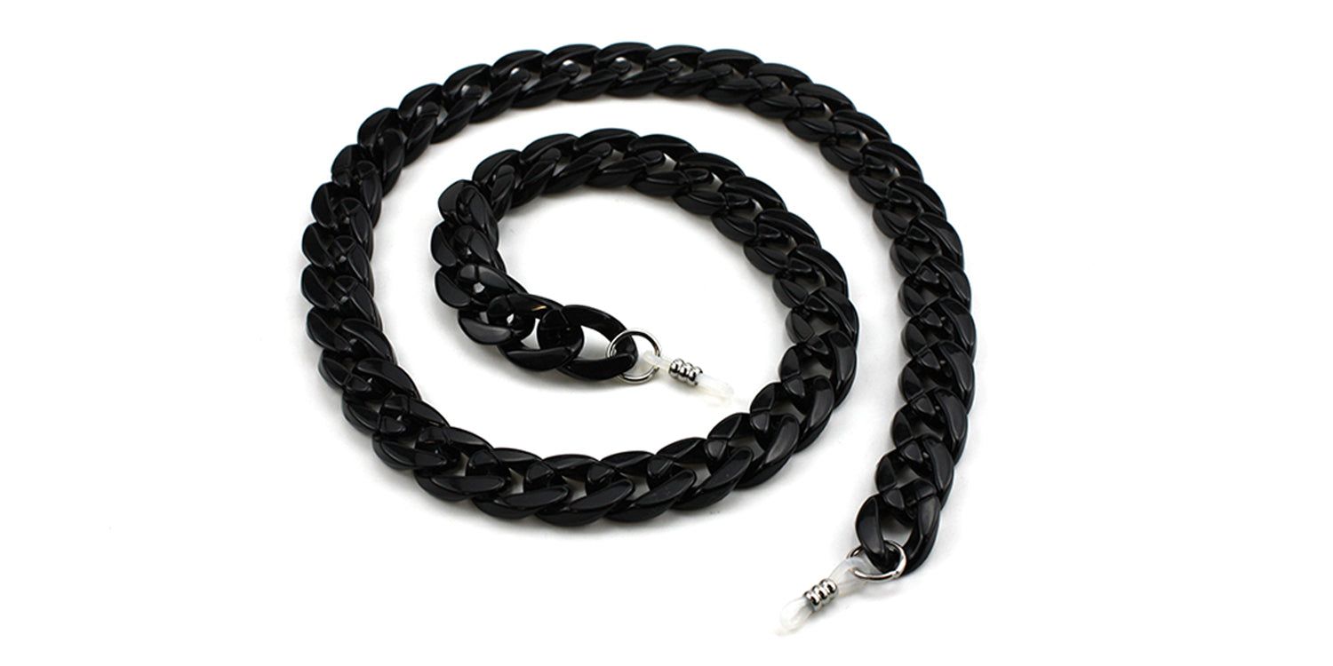 Zwarte brillenketting met schakels. Einden met lussen voor bevestiging aan brillen. Op witte achtergrond.