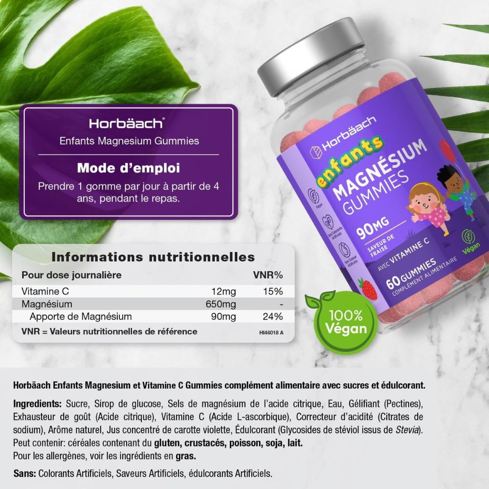 Horbaach Kinder Magnesium Gummies. Flacon violet avec bonbons gélifiés. 60 gommes, 90mg, goût fraise. Vegan.