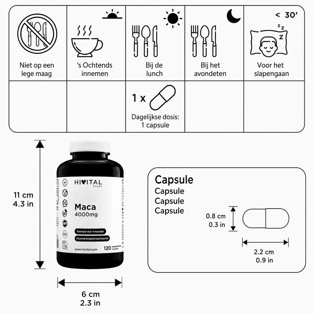 Zwarte capsulefles met etiket 'Maca 4000mg', 120 capsules. Afmetingen: 11x6 cm. Individuele capsule: 2.2x0.8 cm.