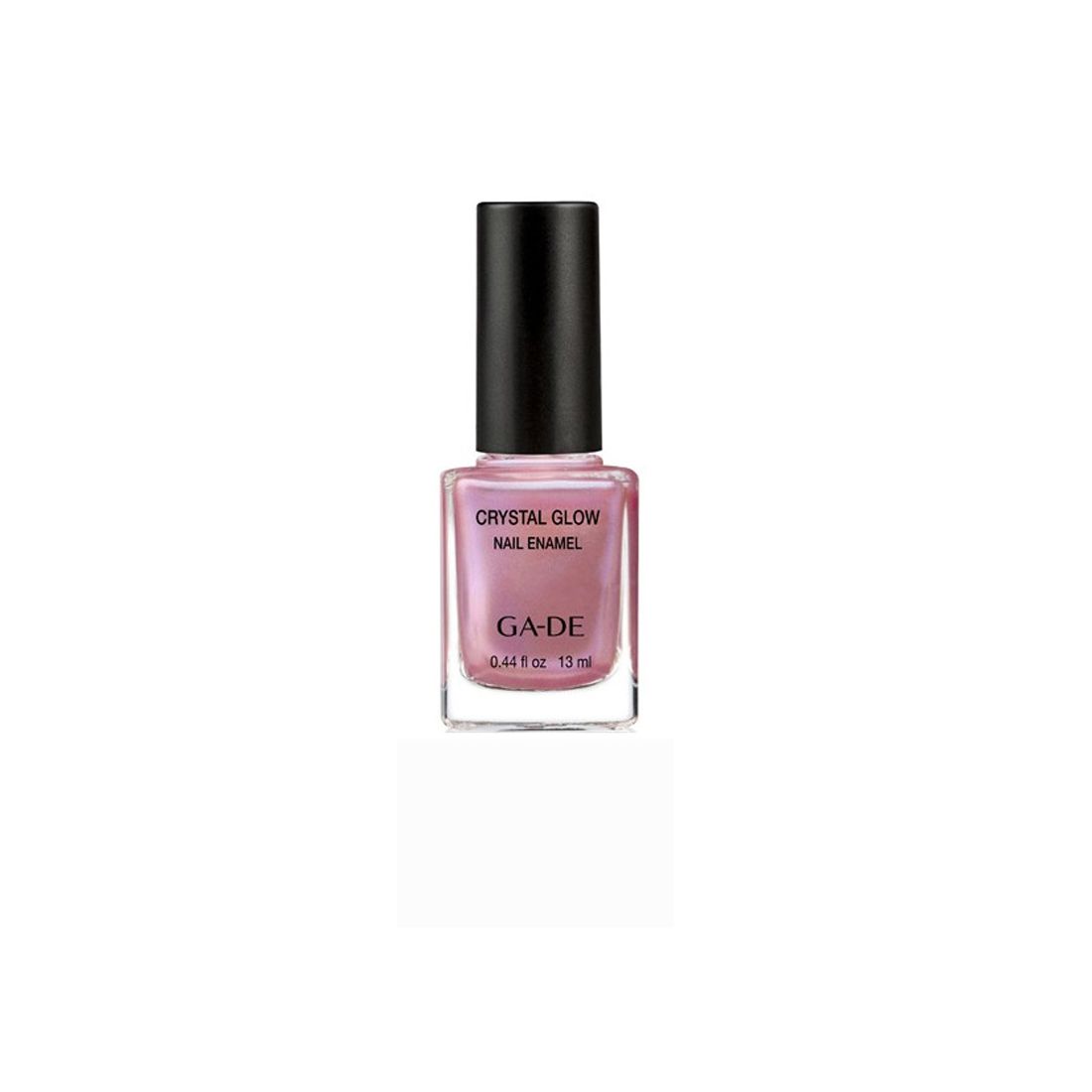Ga-De Crystal Glow nagellak. Fles met roze inhoud, zwarte dop. Opschrift: Crystal Glow Nail Enamel, Ga-De, 0.44 fl oz, 13 ml.