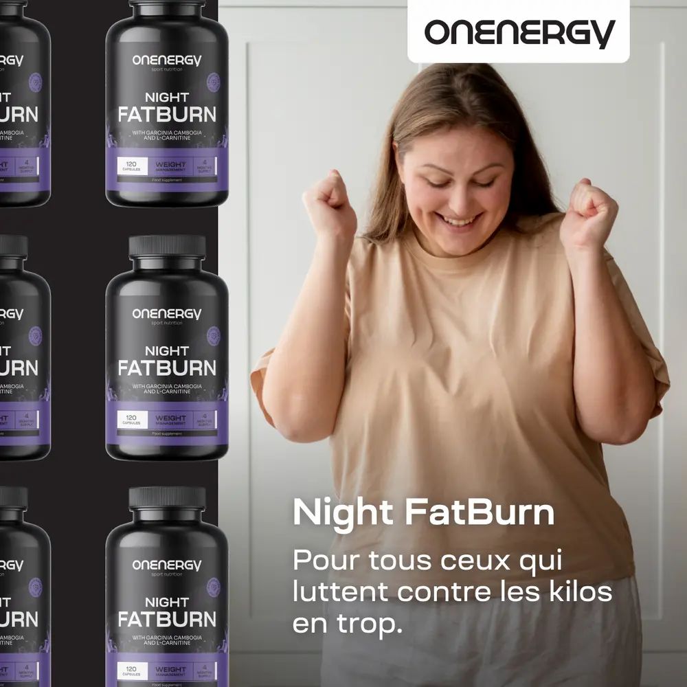Femme qui jubile. Flacons ONENERGY Night FatBurn. Texte: Pour tous ceux qui luttent contre les kilos en trop.