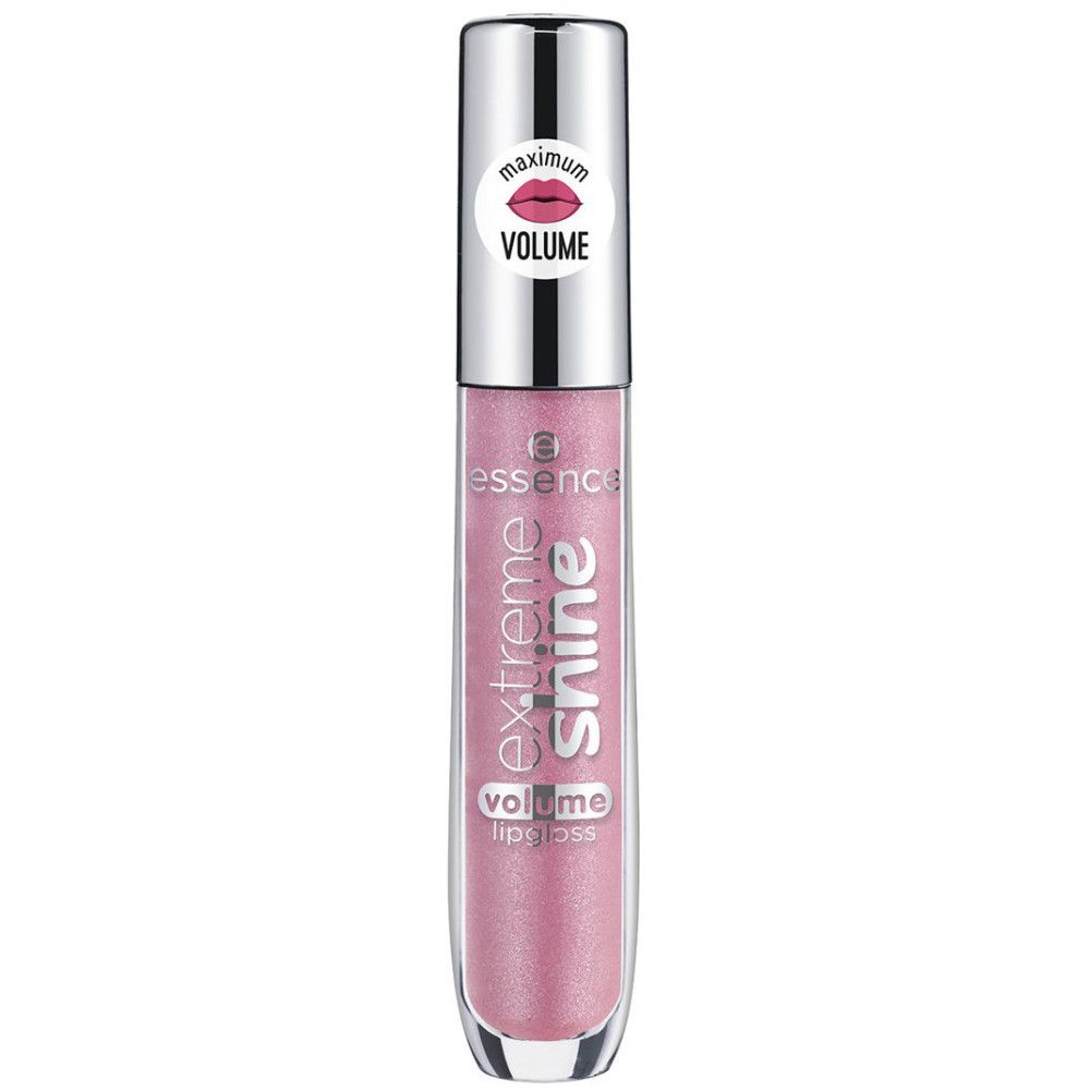 Lipgloss tube met zilveren dop. Opschrift: Extreme Shine Volume Lipgloss. Sticker met lippen-symbool en « maximum volume ».