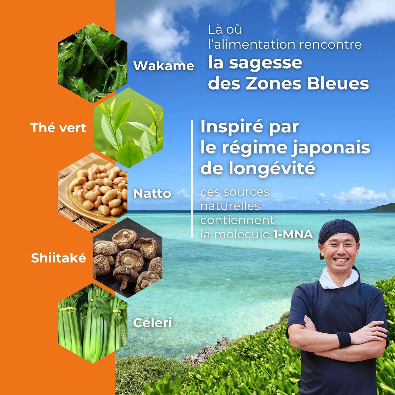 Collage de wakame, thé vert, natto, shiitake et céleri. Un homme sourit au premier plan.