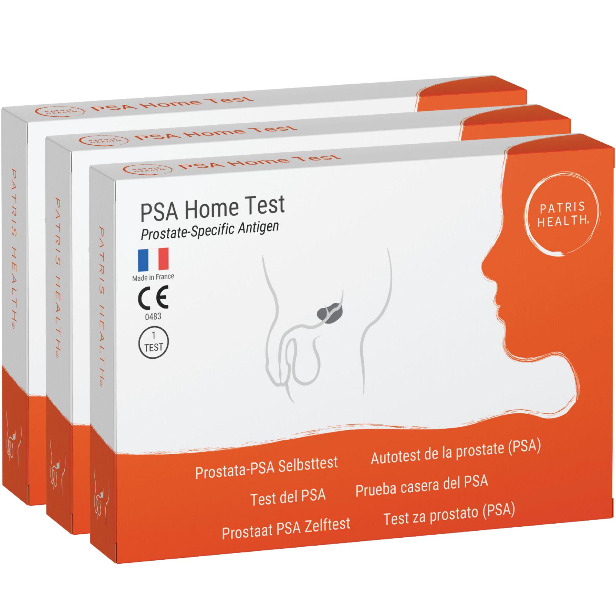 Trois boîtes de test PSA Home Test. Boîtes blanches avec des accents orange et des informations sur le produit.
