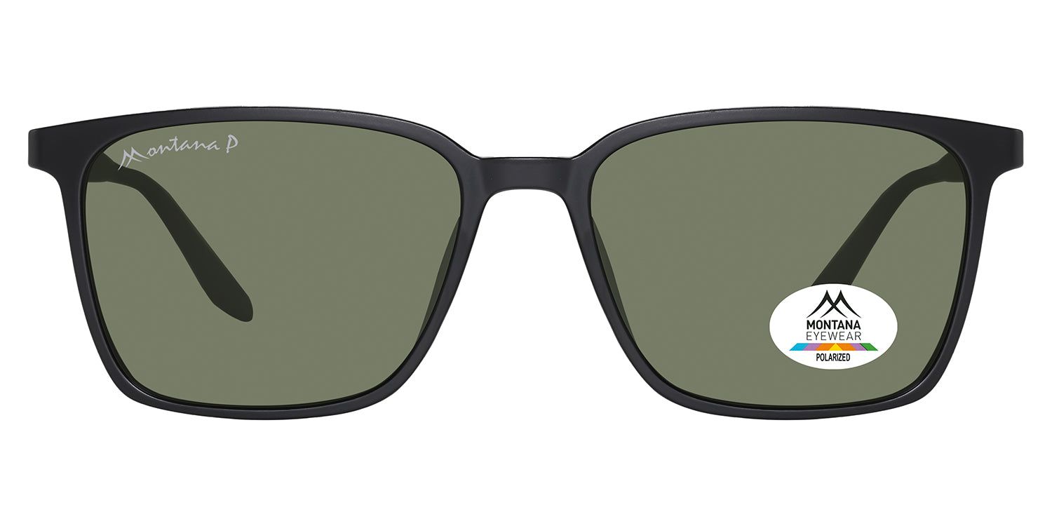 Lunettes de soleil noires à verres carrés. Logo Montana Eyewear sur la branche. Autocollant polarisé sur le verre droit.