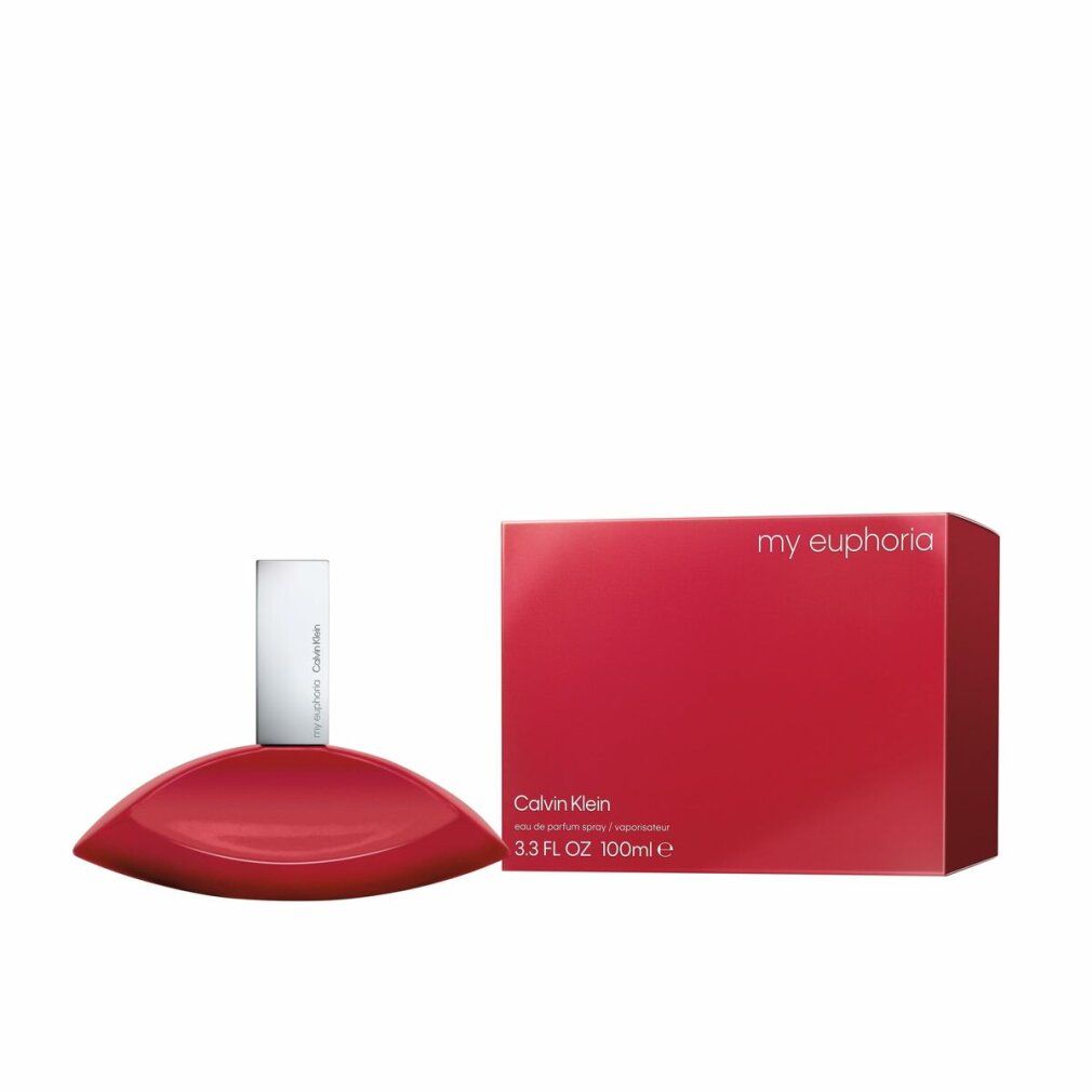 Flacon et emballage rouges. Inscription: my euphoria, Calvin Klein, 3.3 FL OZ 100ml e.