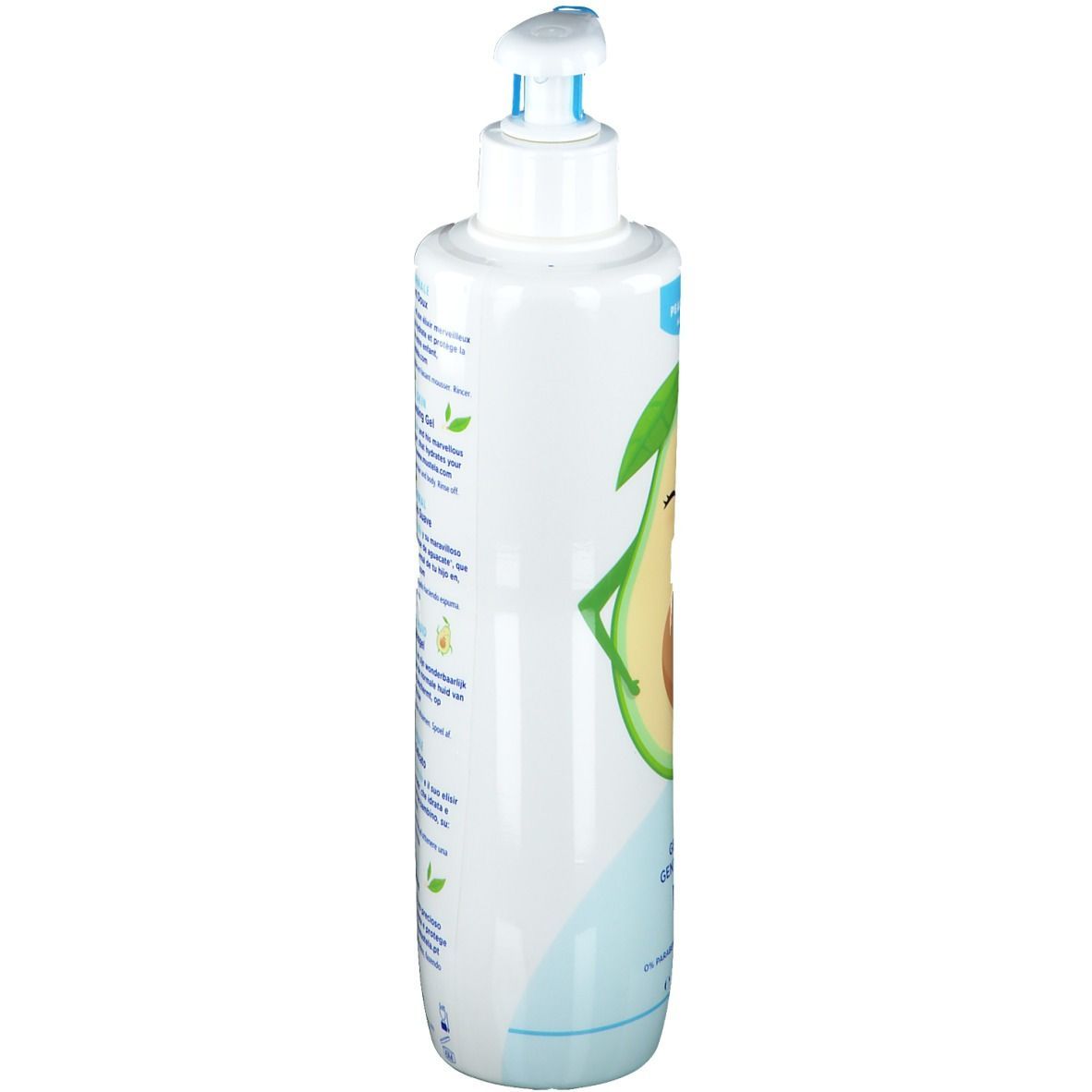 Witte fles met blauwe pomp. Avocado-illustratie. Tekst: Mustela, Zachte reinigingsgel. Opschrift: 500 ml.