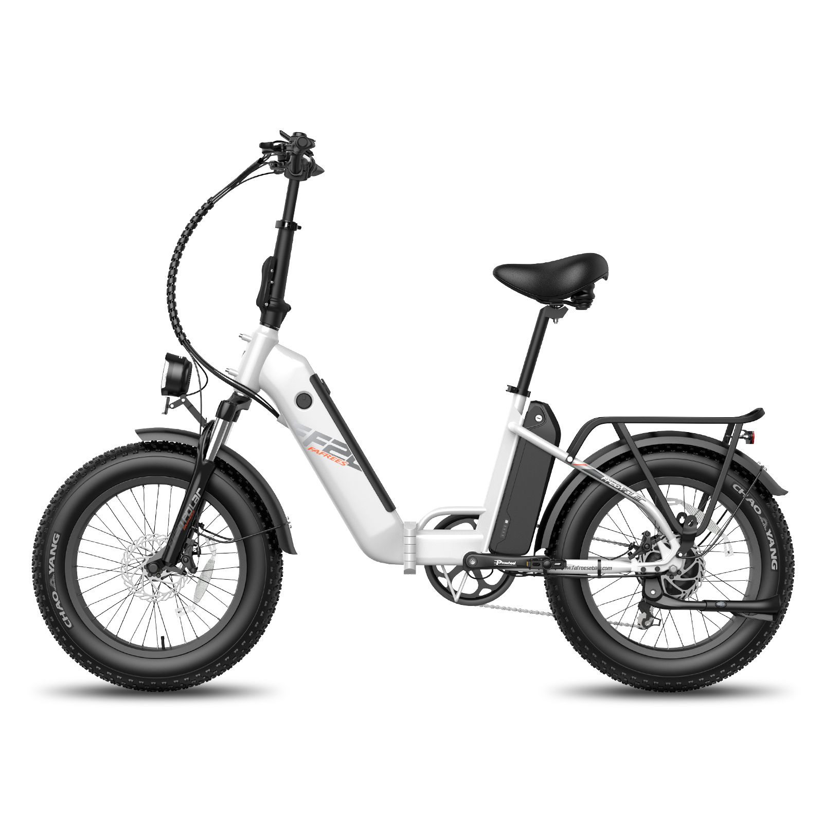 Vélo électrique pliable blanc. Pneus noirs, porte-bagages. Logo F20 visible. Selle et guidon noirs.