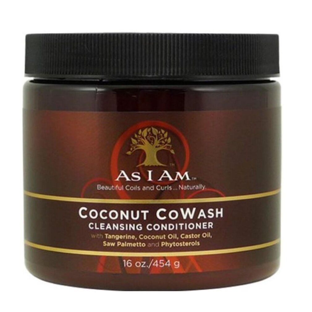 Bruine pot met zwarte deksel. Opschrift: As I Am Coconut CoWash Cleansing Conditioner. 16 oz./454 g.