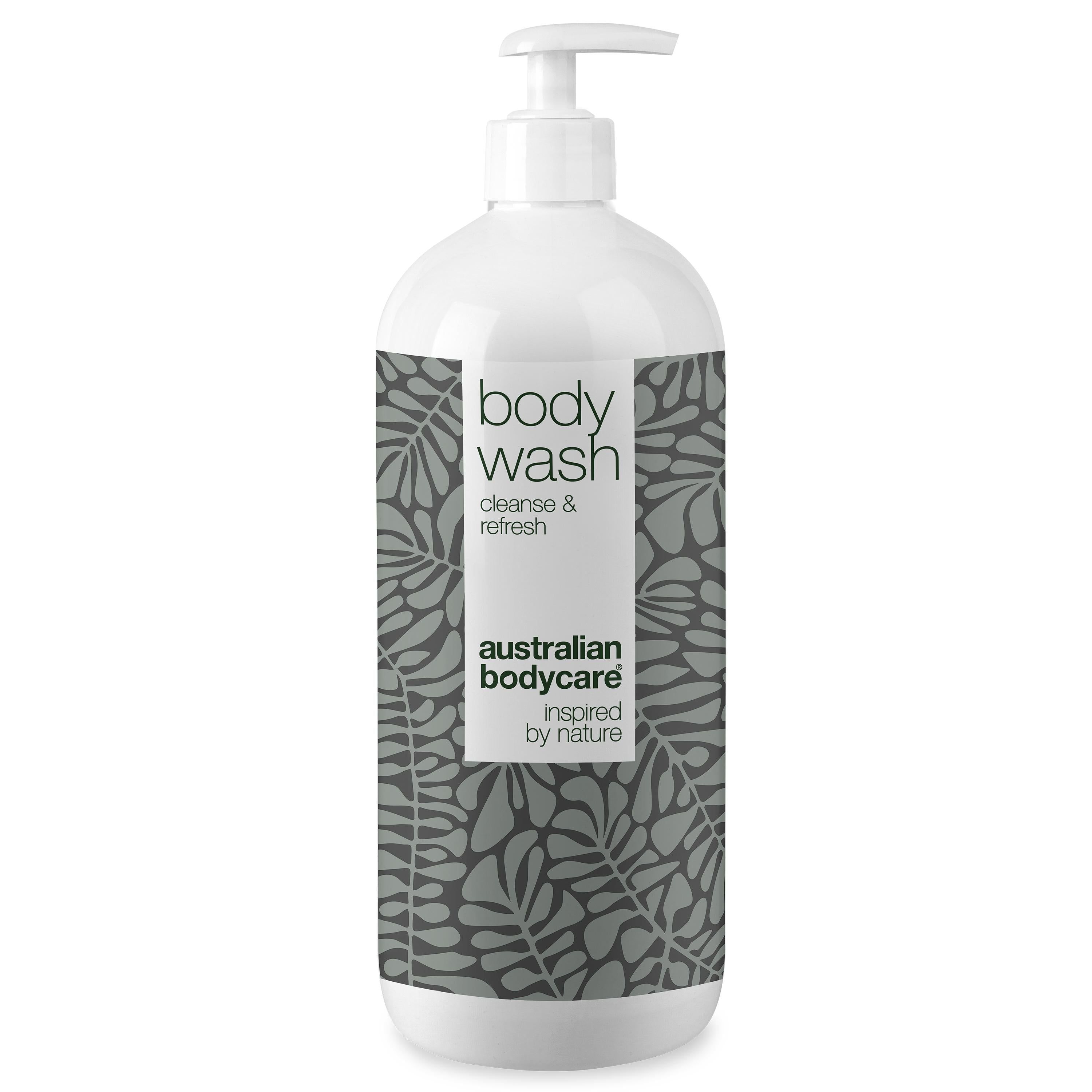 Flacon blanc avec pompe. Étiquette « body wash » et « australian bodycare ». Motif feuilles grises.