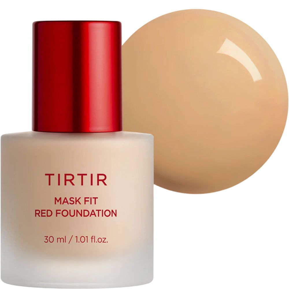 Flacon de TIRTIR Mask Fit Red Foundation avec bouchon rouge. Échantillon de couleur. Inscription: 30 ml / 1.01 fl.oz.