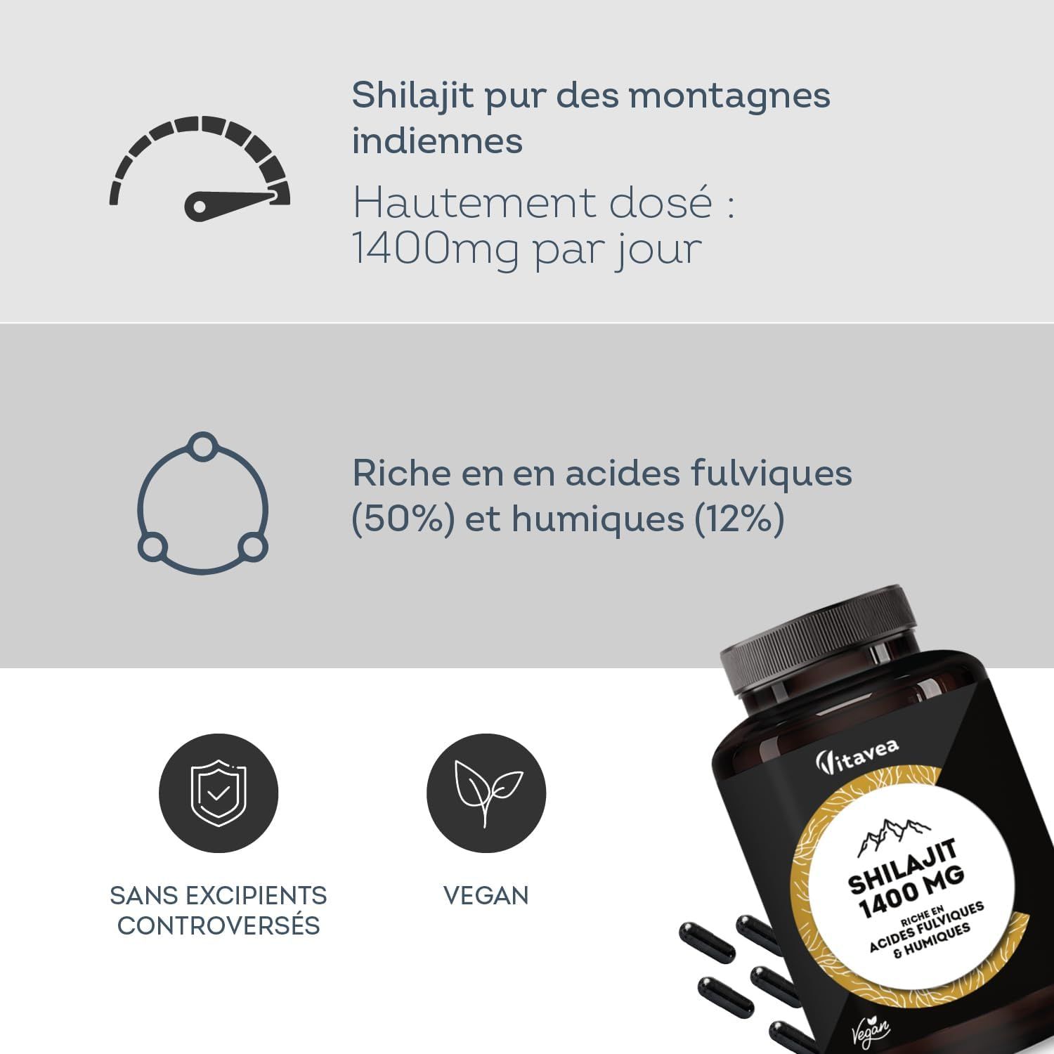 Gélules Vitavea Shilajit : Shilajit pur des montagnes indiennes, 1400 mg, riches en acides fulviques & humiques, vegan.