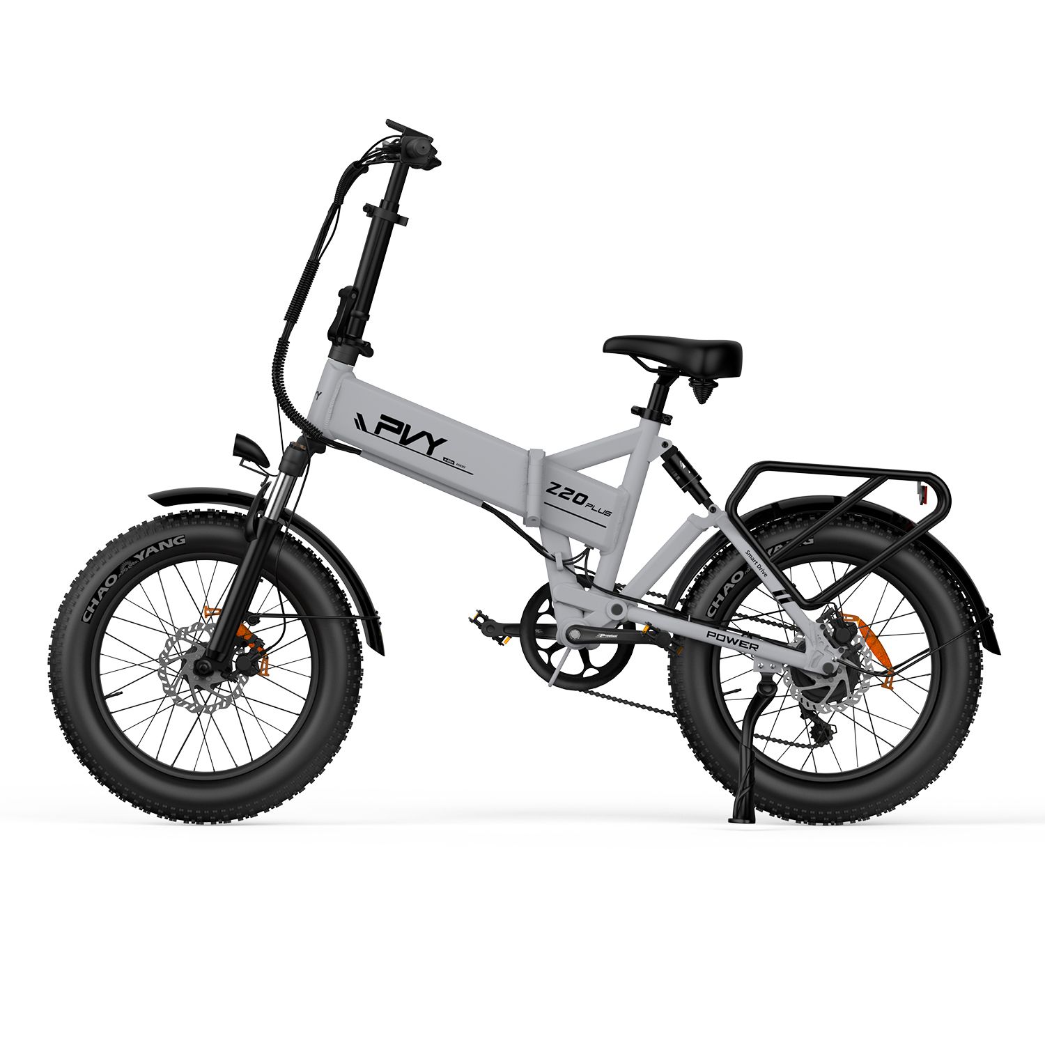 Grijze e-bike met zwarte banden en bagagedrager. Opschrift: PVY Z20 Plus.