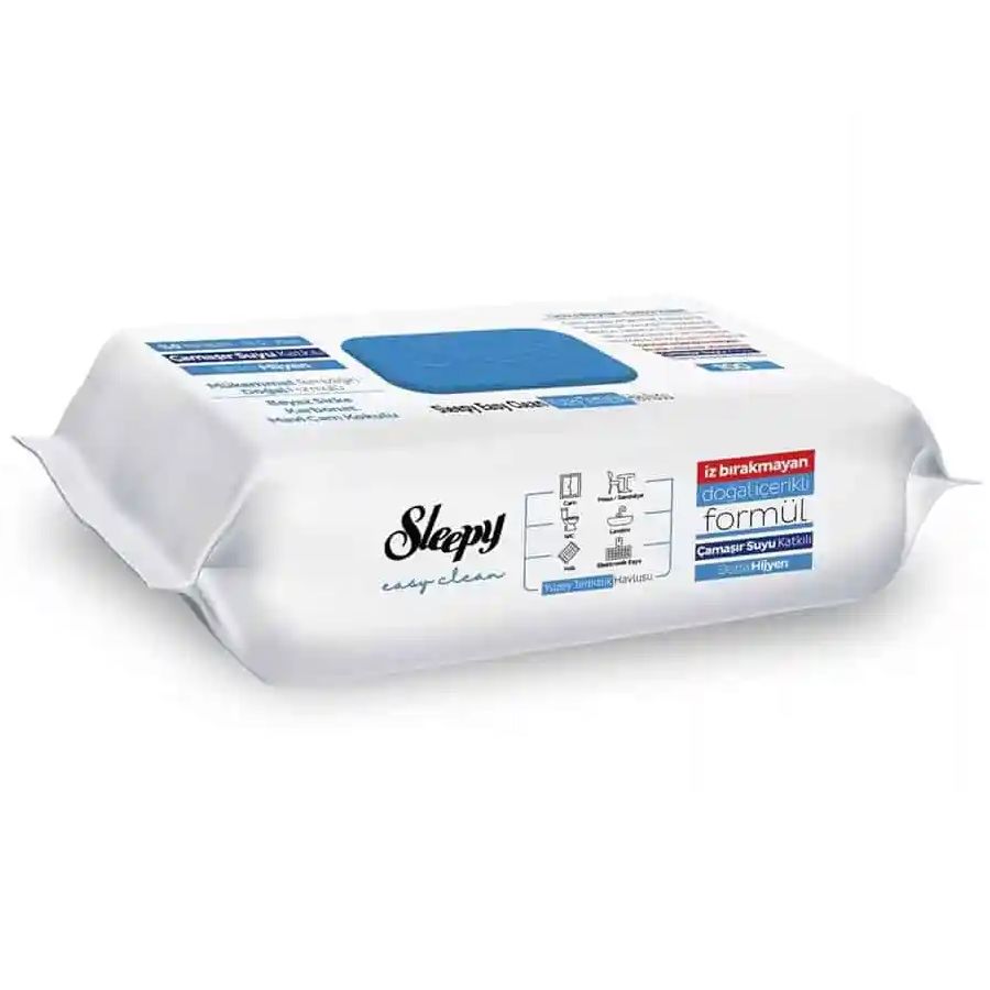 Paquet blanc avec ouverture bleue. Inscription Sleepy Easy Clean. Informations et symboles du produit.