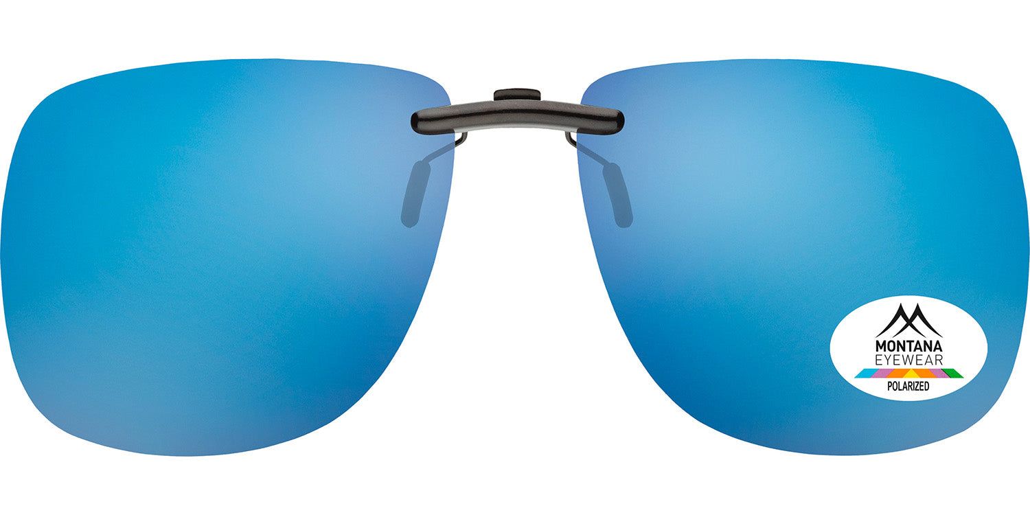 Clip-on avec verres bleus. Monture noire. Logo Montana Eyewear et inscription Polarized.