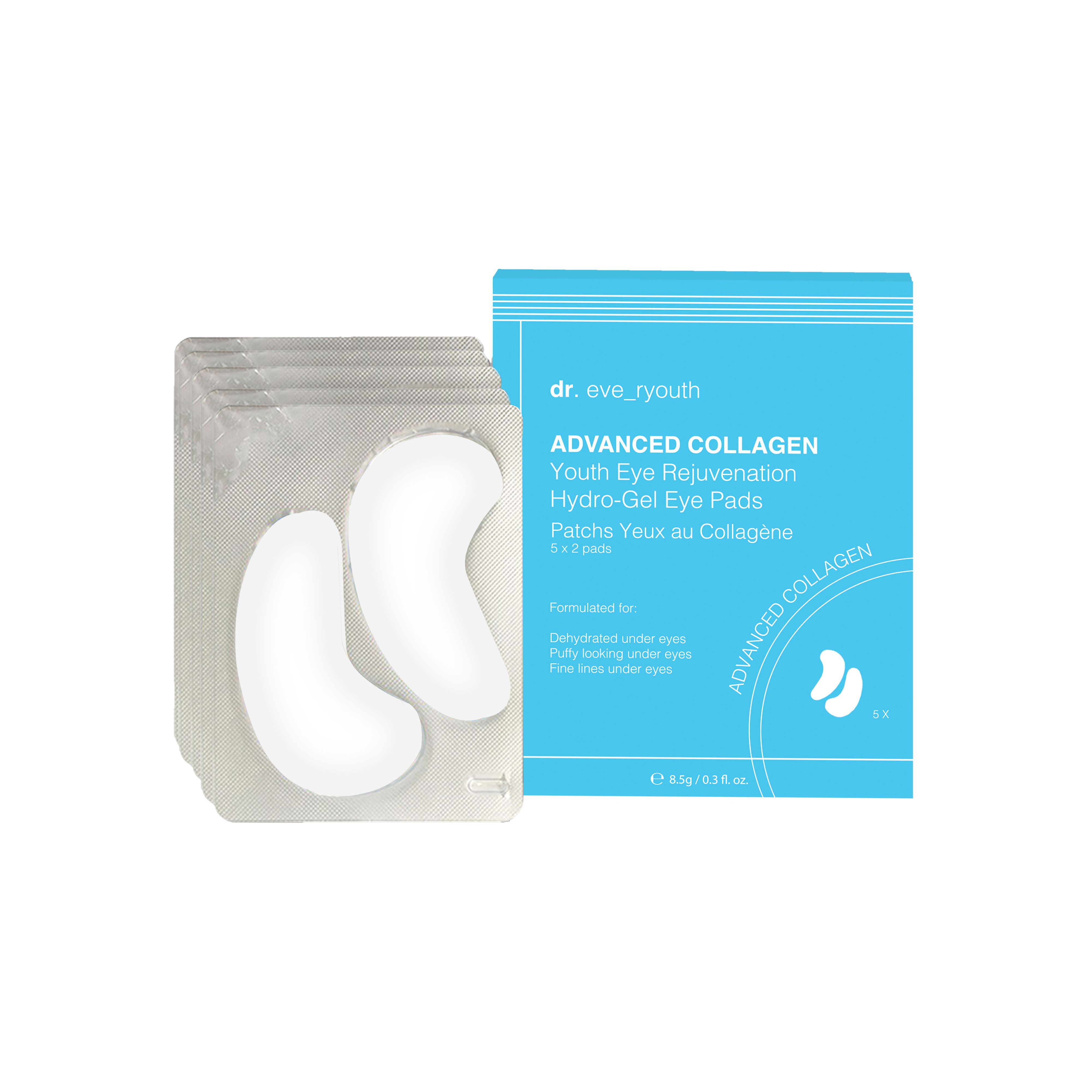 Masque pour les yeux Dr. Eve_Ryouth : Paquet individuel de deux patchs oculaires hydrogel et boîte de produit bleue.