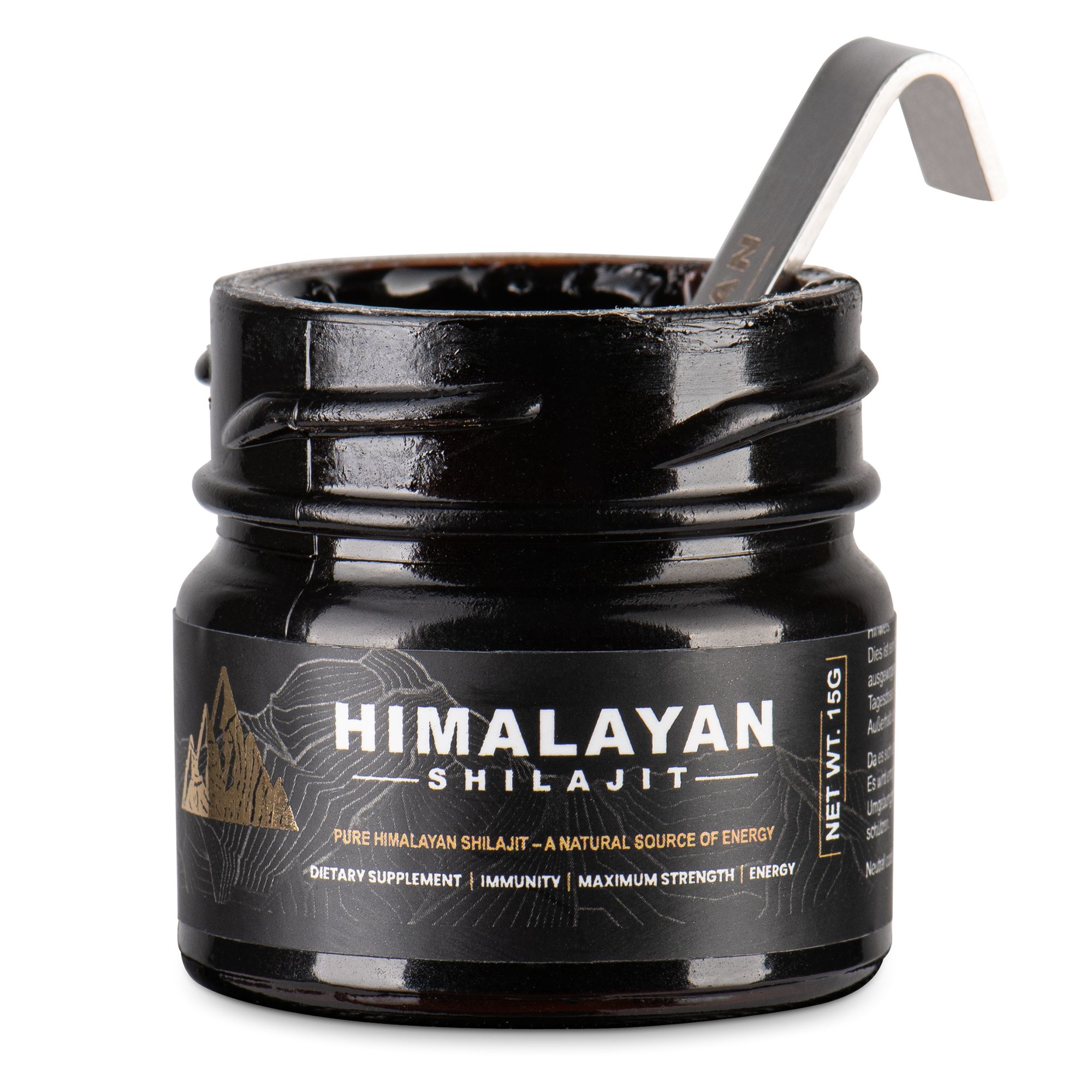 Zwarte pot Shilajit. Doseerlepel in de pot. Opschrift: Himalayan Shilajit. Etiket met productinformatie.