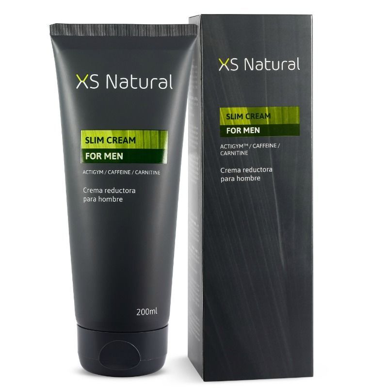 Crème amincissante pour hommes. Tube et boîte noirs avec informations et logo. Contenance 200ml.