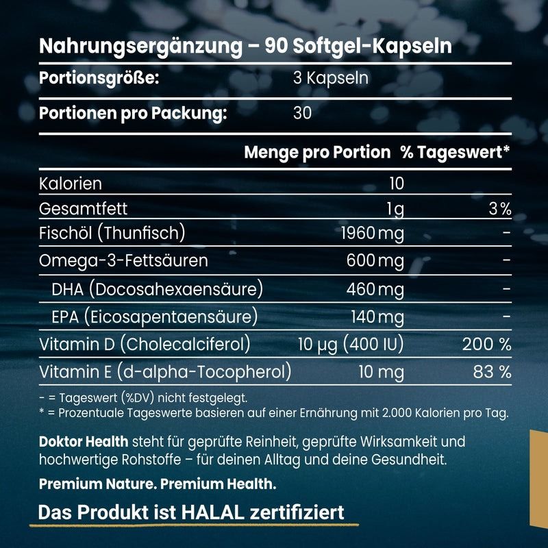 Voedingssupplemententabel. 90 softgelcapsules. Ingrediënten: visolie, omega-3, DHA, EPA, vitamine D, vitamine E. Halal-certificering.