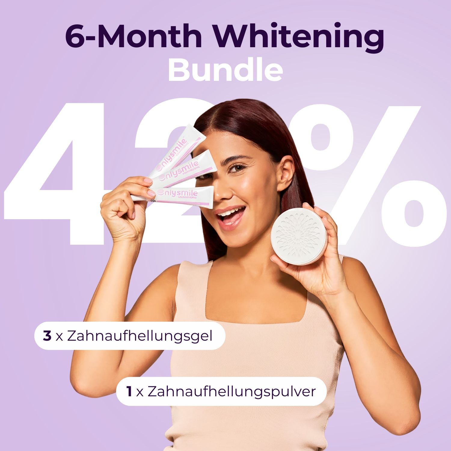 Vrouw met poeder en gel. Tekst: 6 maanden whitening bundel. 42% korting. 3 gels, 1 poeder. OnlySmile.