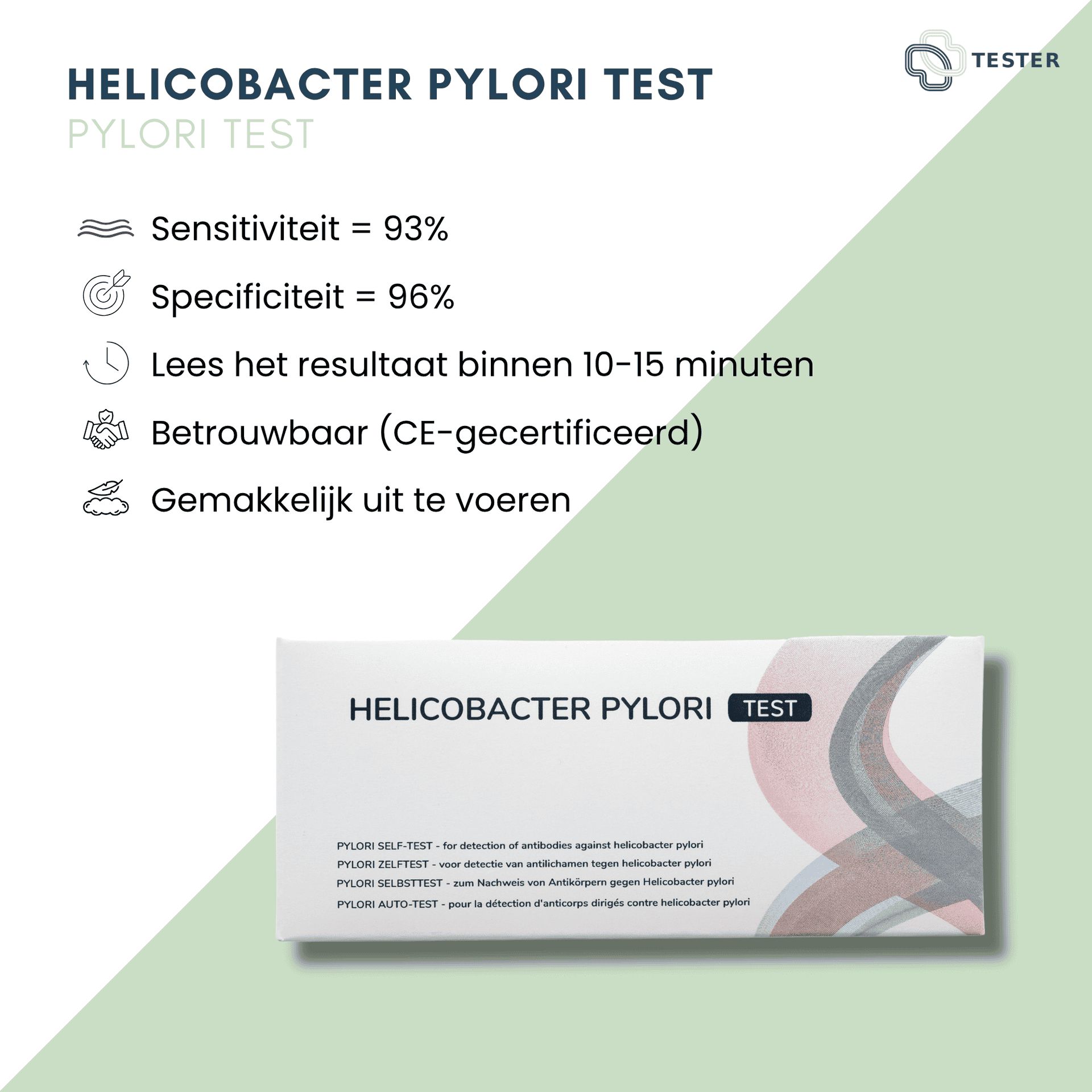 Informatie over de Helicobacter Pylori test: gevoeligheid, specificiteit, leestijd, betrouwbaarheid (CE-gecertificeerd), eenvoudig uit te voeren.