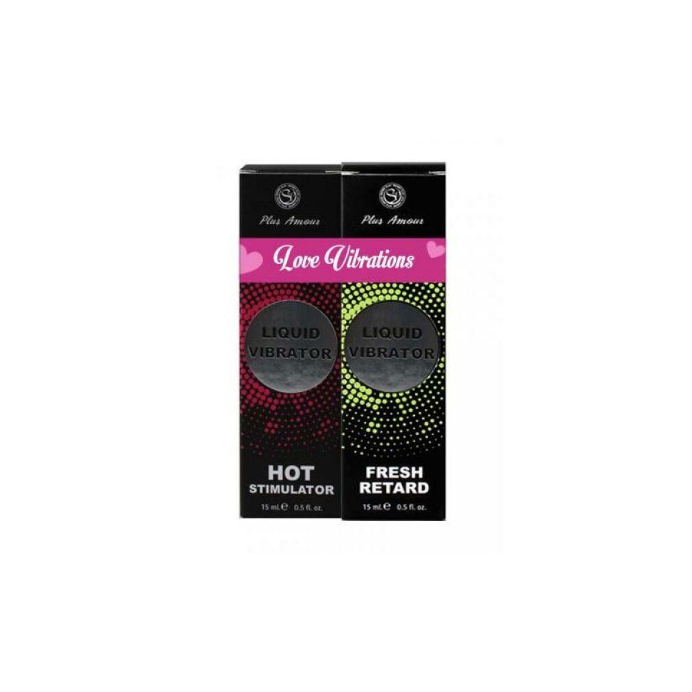 Deux paquets 'Love Vibrations Liquid Vibrator Hot Stimulator' et 'Fresh Retard'.