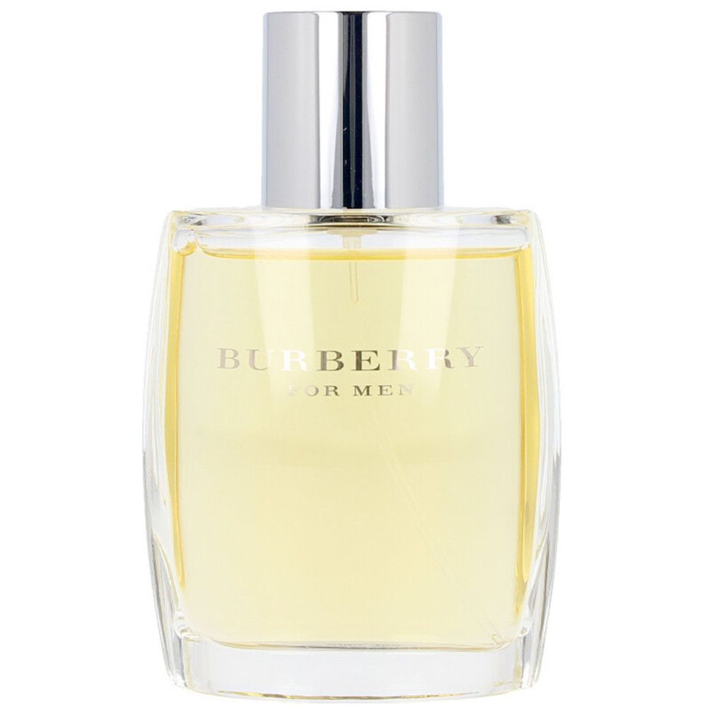 Flacon Burberry for Men Eau de Toilette. Flacon rectangulaire avec bouchon argenté. Inscription : Burberry for Men.