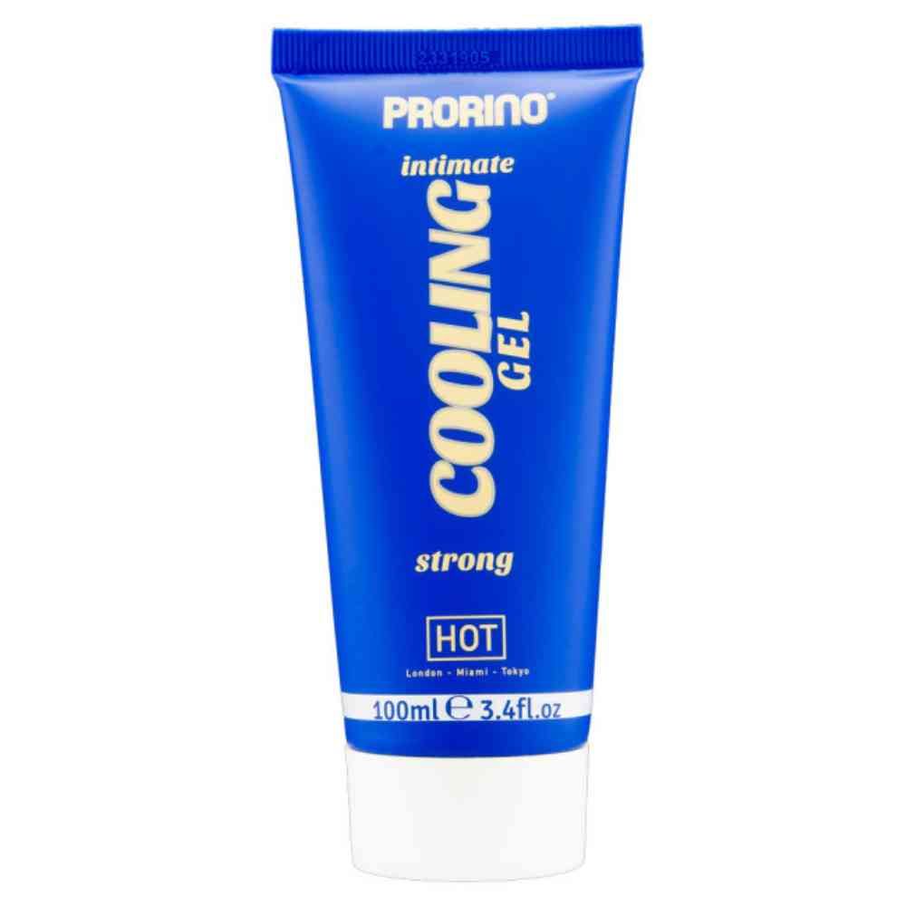 Tube bleu avec bouchon blanc. Le nom du produit et l'inscription « COOLING GEL » sont imprimés. « HOT » en bas.