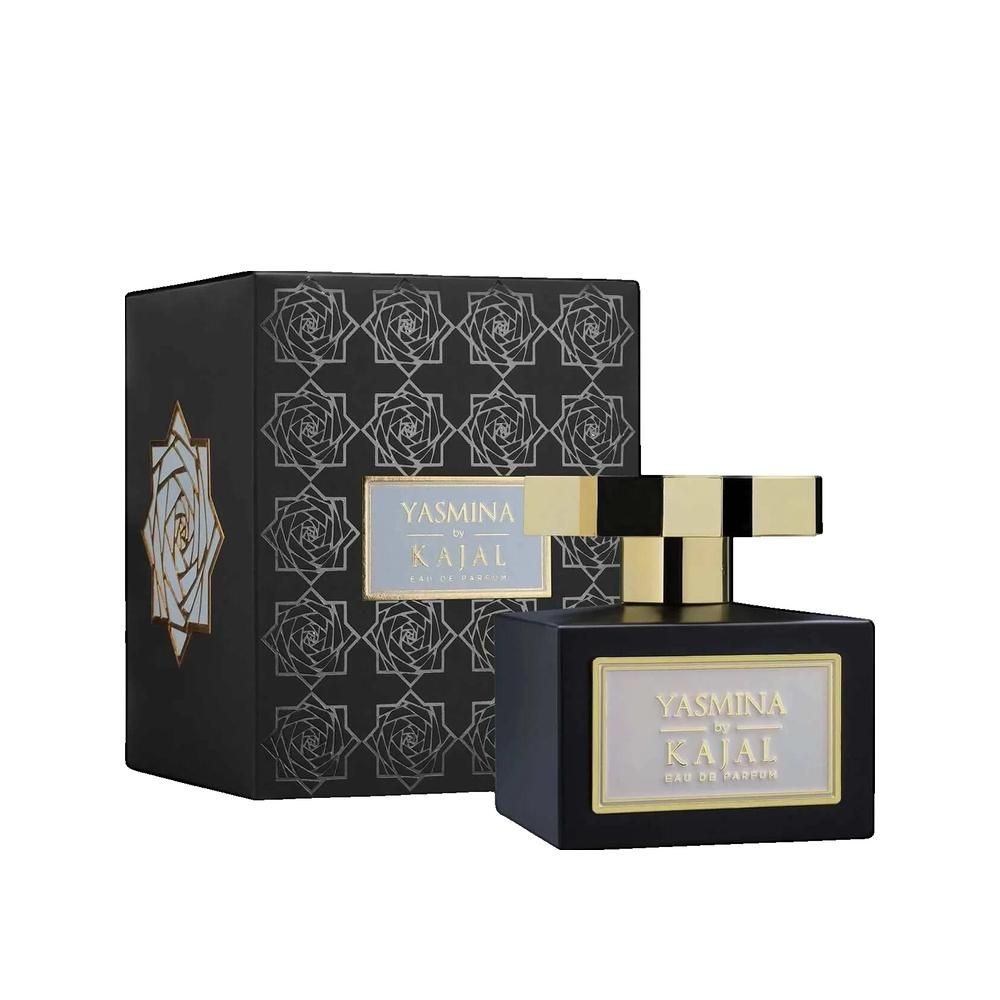 Boîte noire et flacon. Inscription: Yasmina by Kajal Eau de Parfum. Bouchon doré.