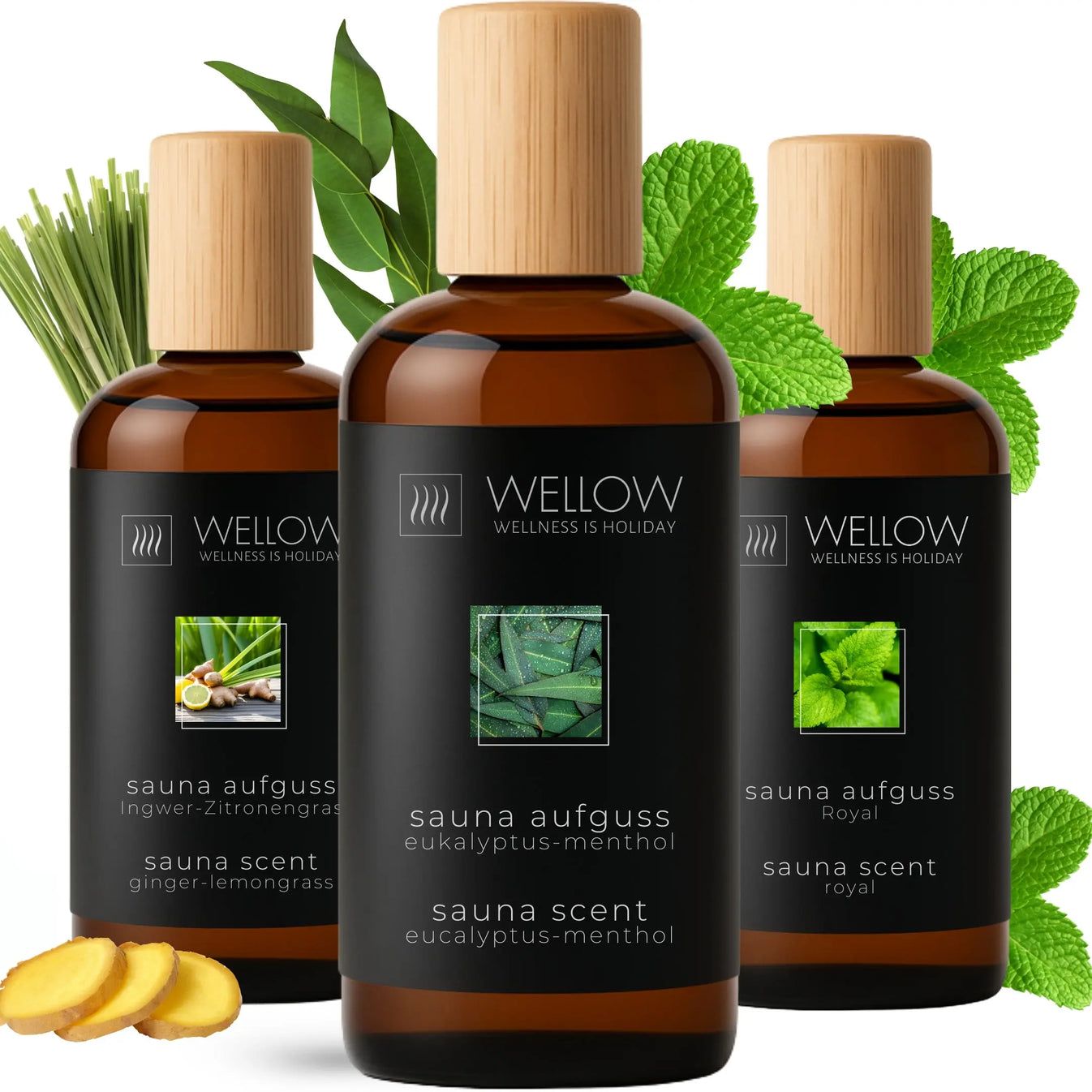 Drie flessen met houten doppen, omringd door kruiden. Opschrift: Wellow, Saunaaufguss, Gember-Citroengras, Eucalyptus-Menthol, Royal.