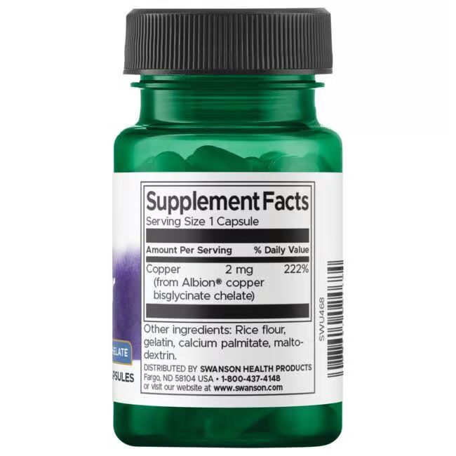 Achterkant van de groene fles. Etiket met voedingsinformatie: Koper 2 mg. Overige ingrediënten: rijstmeel, gelatine, maltodextrine.