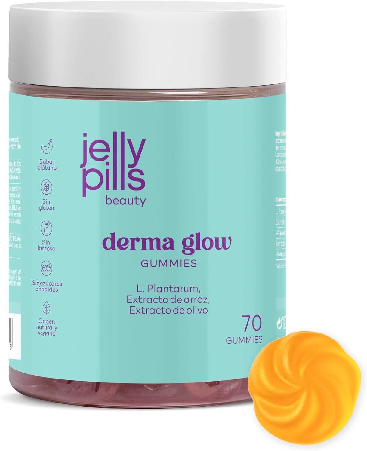 Pot Jelly Pills Derma Glow Gummies. 70 gummies. Gele gummy ernaast. Opschrift: L. Plantarum, rijstextract, olijfextract.