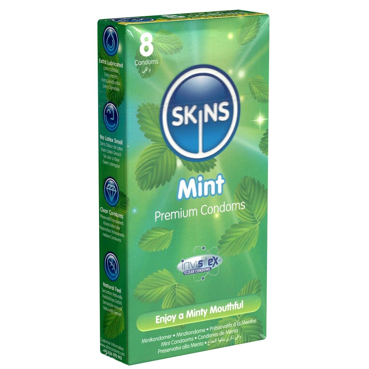 Boîte de 8 préservatifs SKINS Mint, Premium Condoms. Vert avec feuilles de menthe. Inscription : Enjoy a Minty Mouthful.