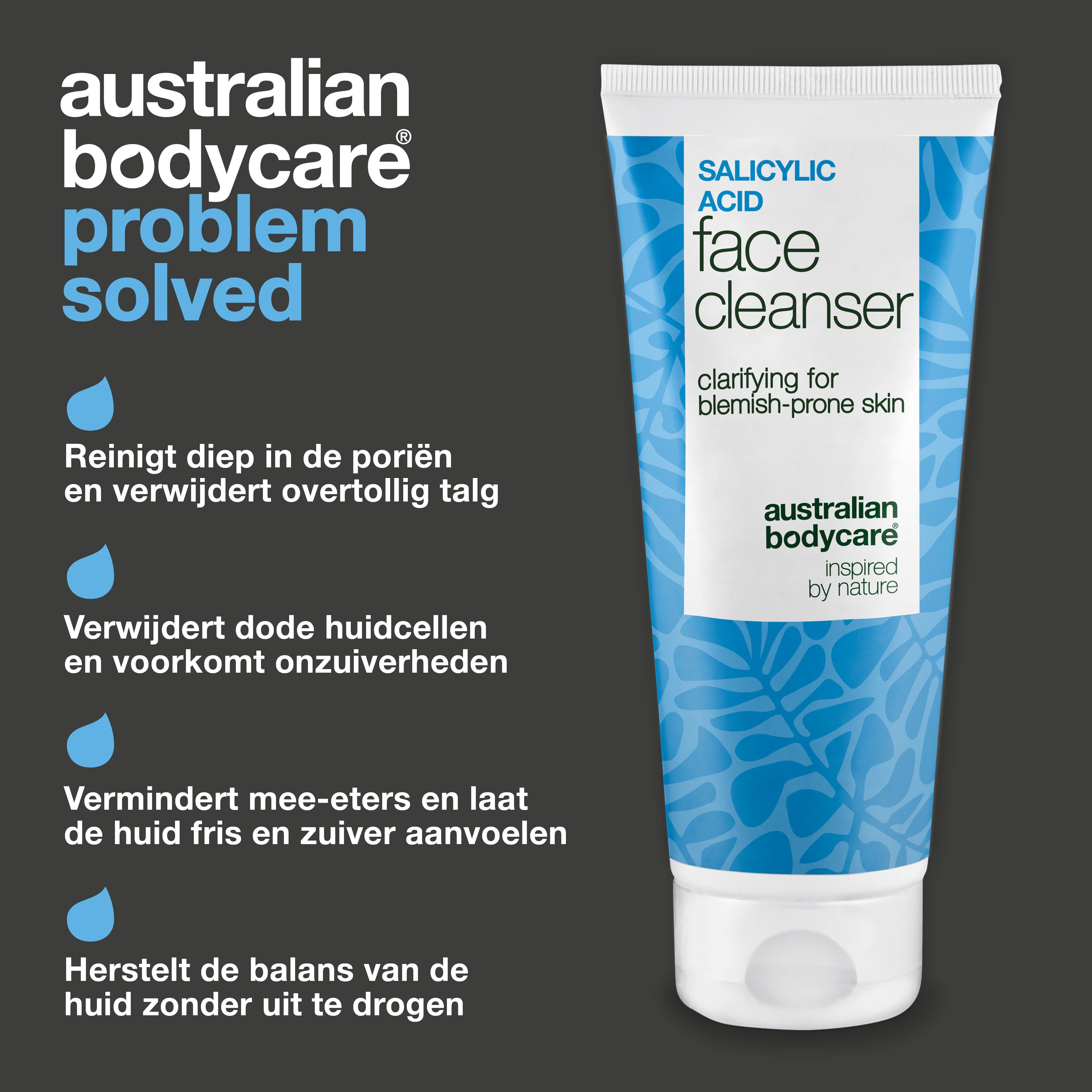 Tube "Salicylic Acid Face Cleanser" met tekst. Tekst: Reinigt poriën, verwijdert olie, etc. Merk: Australian Bodycare.