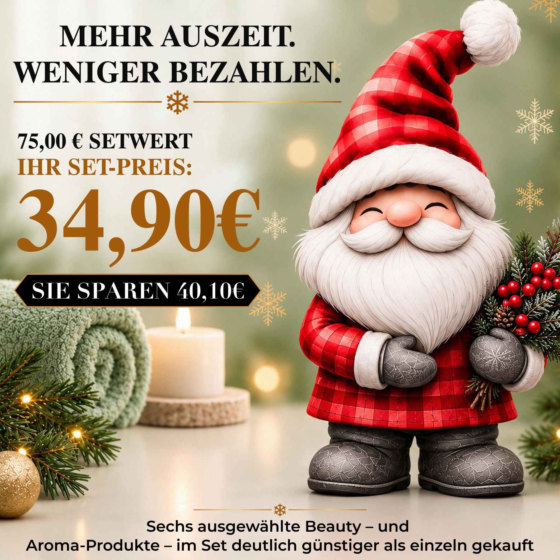 Image promotionnelle pour un coffret cadeau beauté avec motif Père Noël et indication de prix.