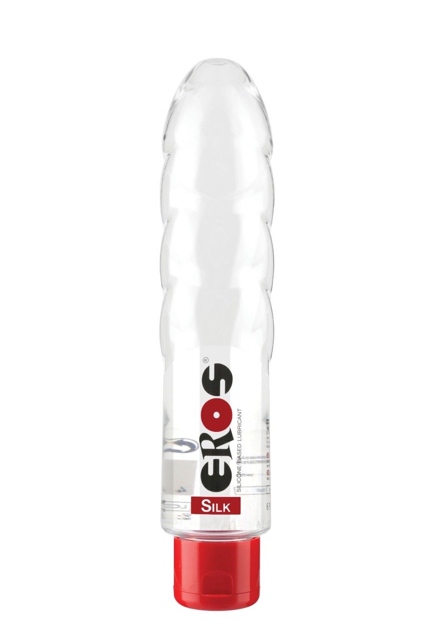 Flacon transparent avec bouchon rouge. Inscription "EROS" et "SILK".