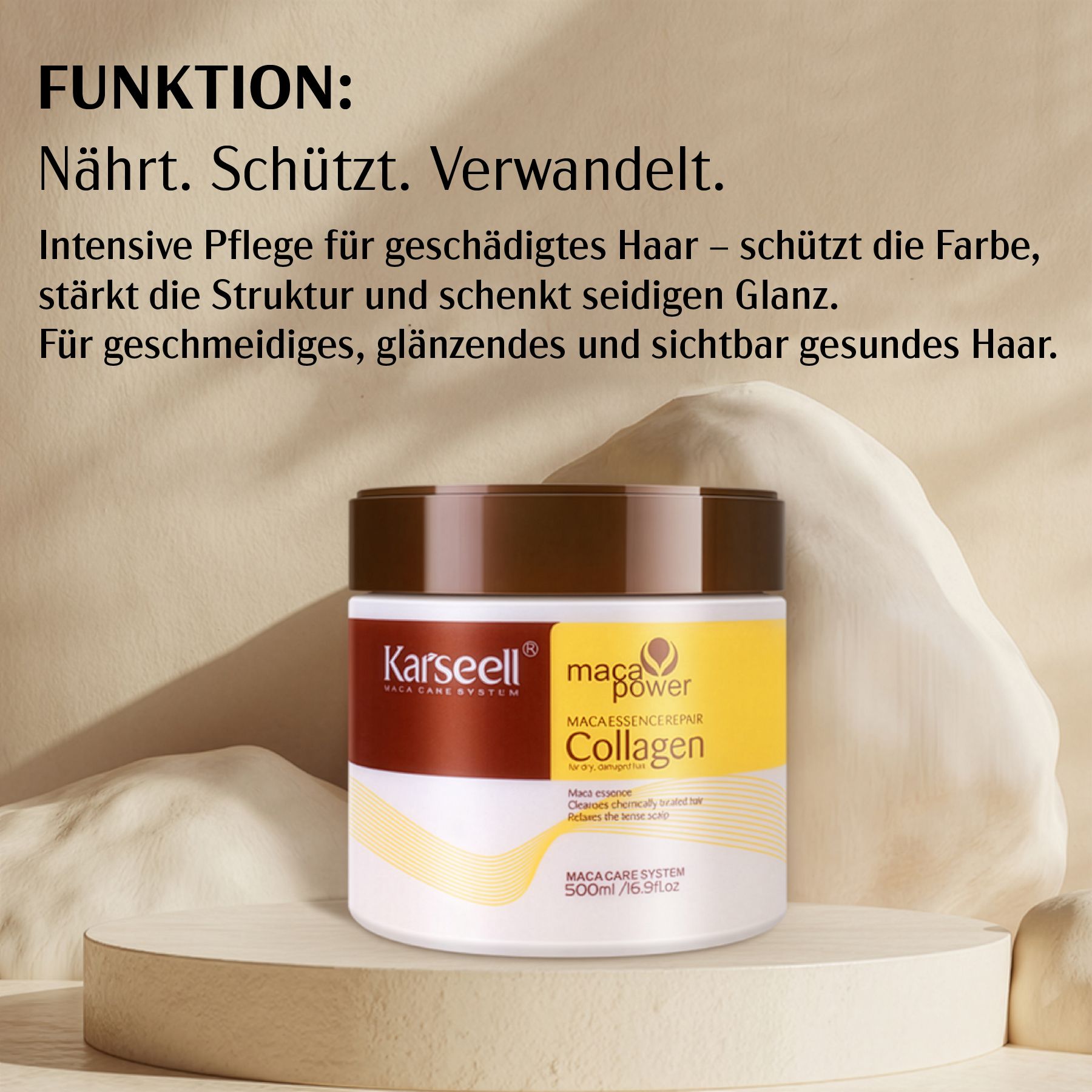 Masque capillaire Karseell Maca Collagen. Récipient blanc avec couvercle marron et étiquette jaune. Texte et logo visibles.