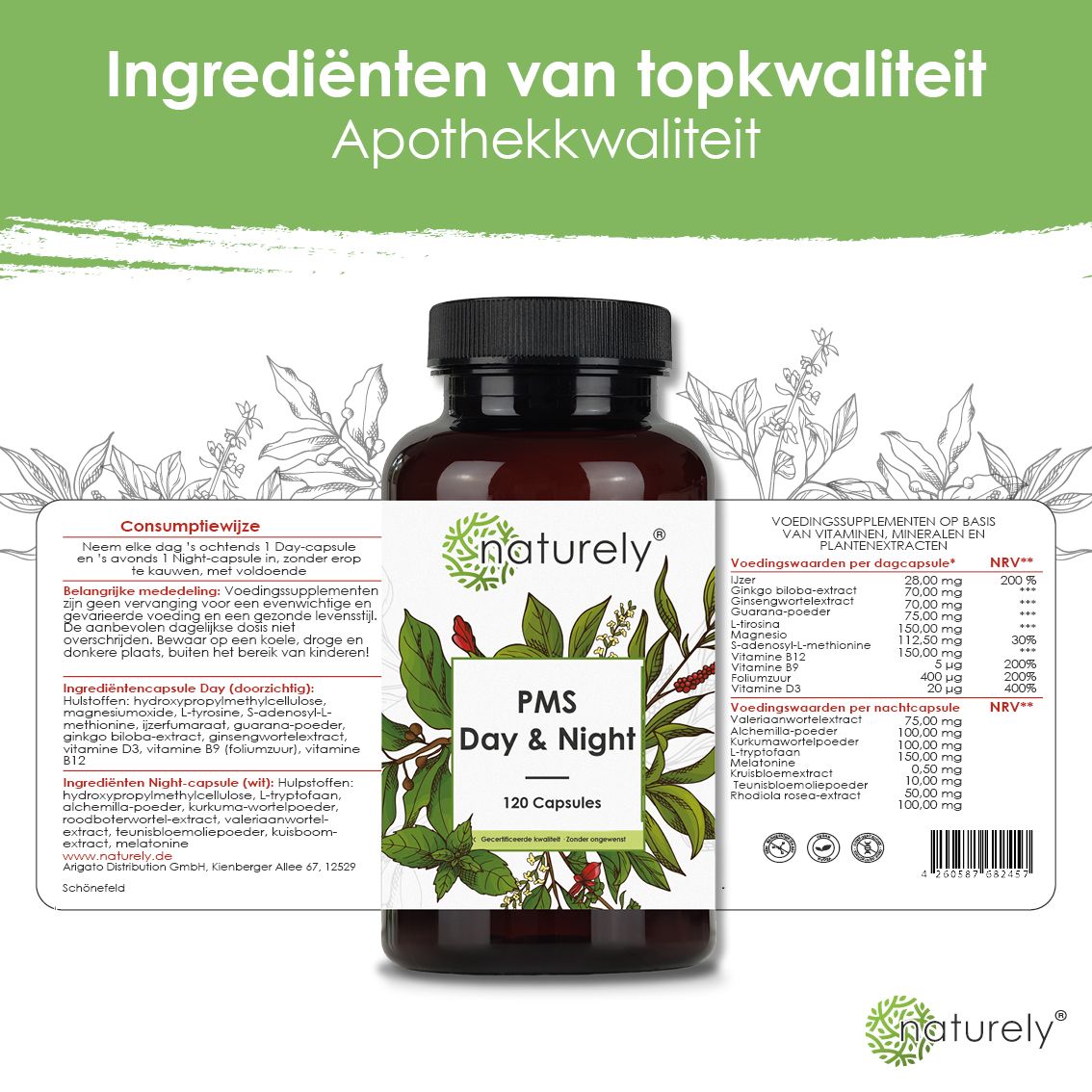 Fles met uitgevouwen etiket met gedetailleerde informatie en ingrediënten.