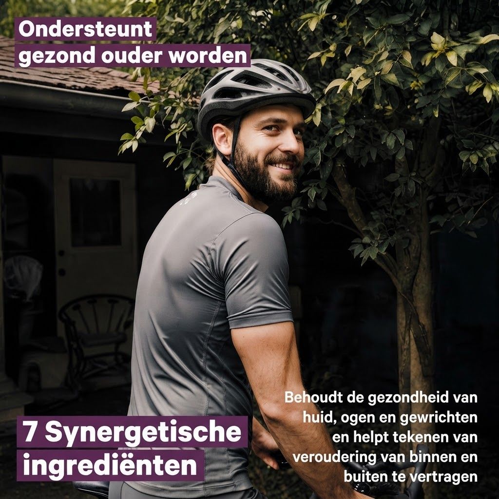 Fles NUTRIBRAIN Trans-Resveratrol NAD+ Q10 omringd door bessen, met uitleg.
