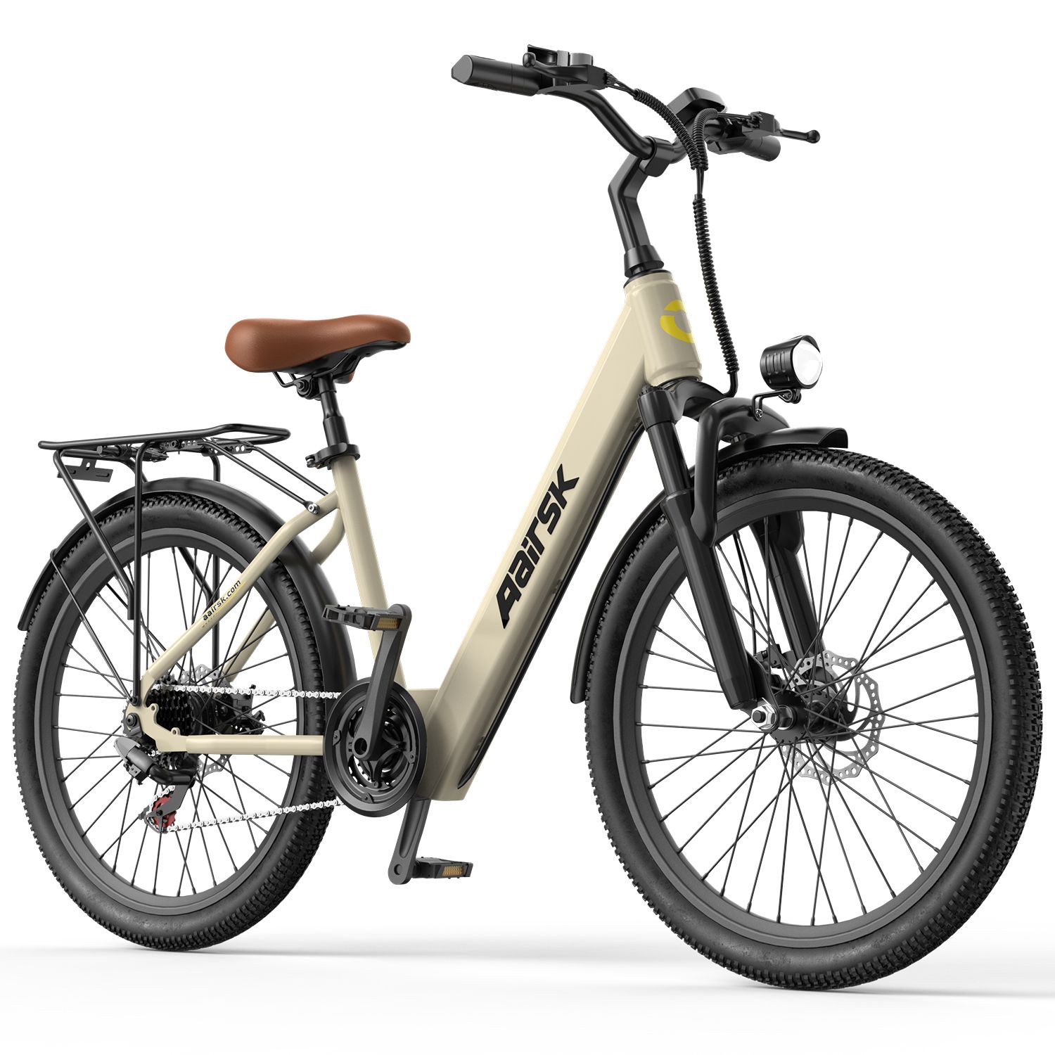Vélo électrique beige avec cadre noir, selle marron et porte-bagages. Marque Aairsk.
