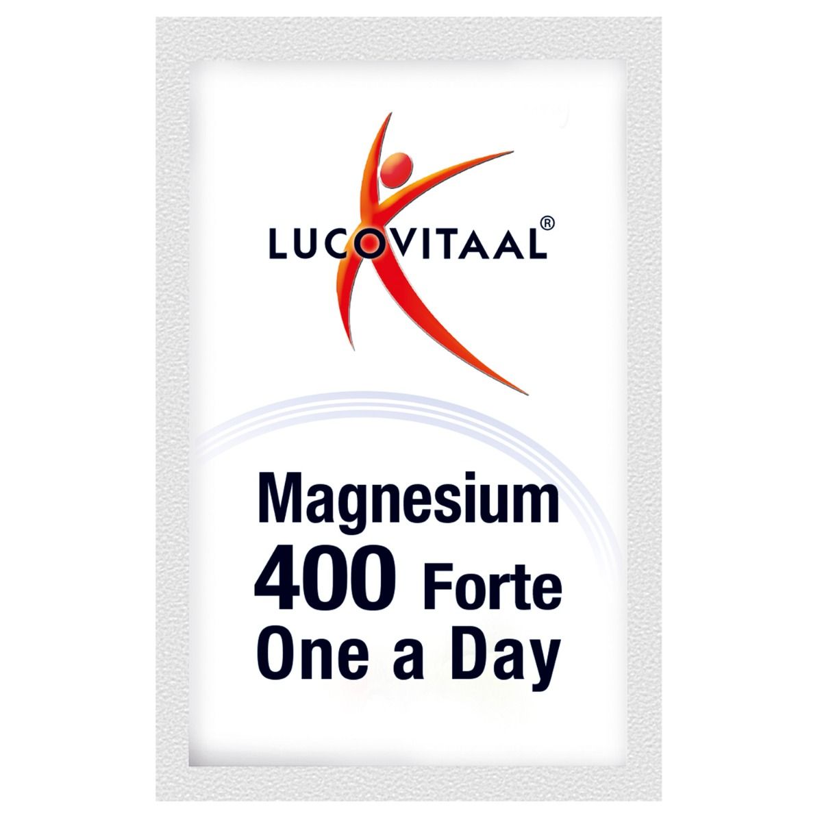 Enkele verpakking Lucovitaal Magnesium 400 Forte. Witte zak met logo en productnaam.