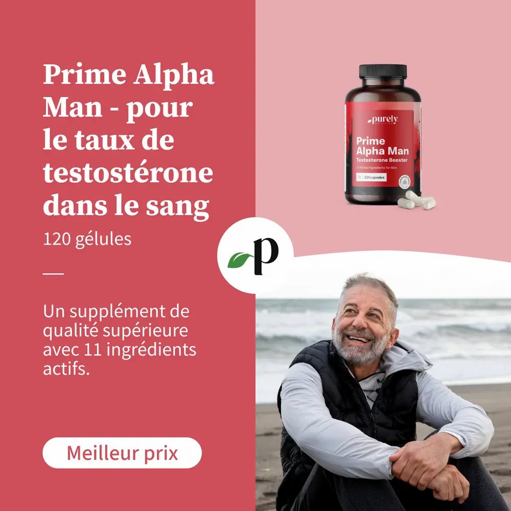 Homme sur la plage. Flacon et gélules. Inscription : Prime Alpha Man. 120 gélules. Purely Nutrition.