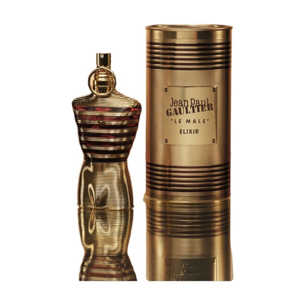 Gouden torso-vormige fles naast gouden doos. "Jean Paul Gaultier LE MALE ELIXIR" op de doos.
