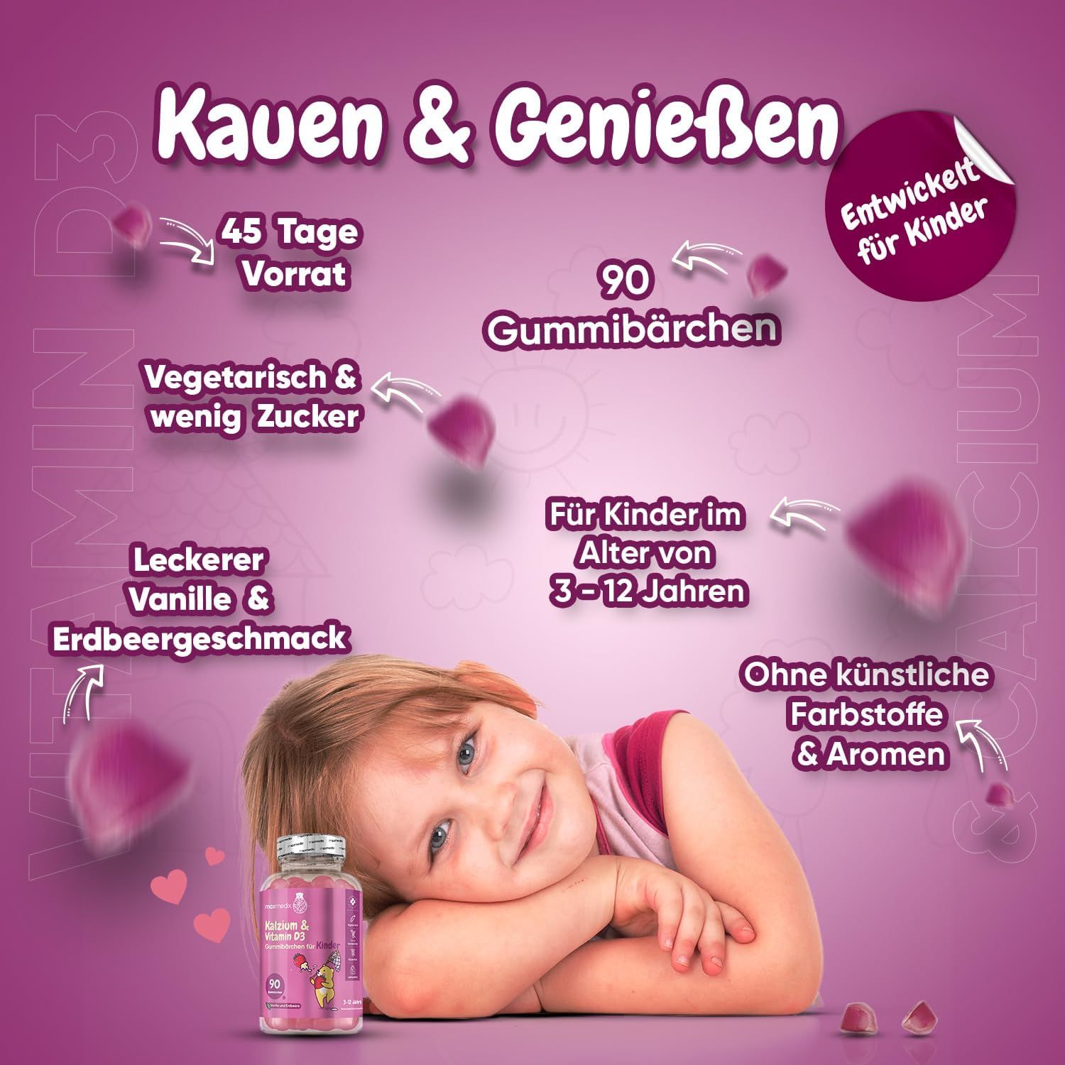 Kind met gummyfles. Tekst: Kauwen & Genieten. 90 gummies, 45 dagen voorraad, 3-12 jaar.