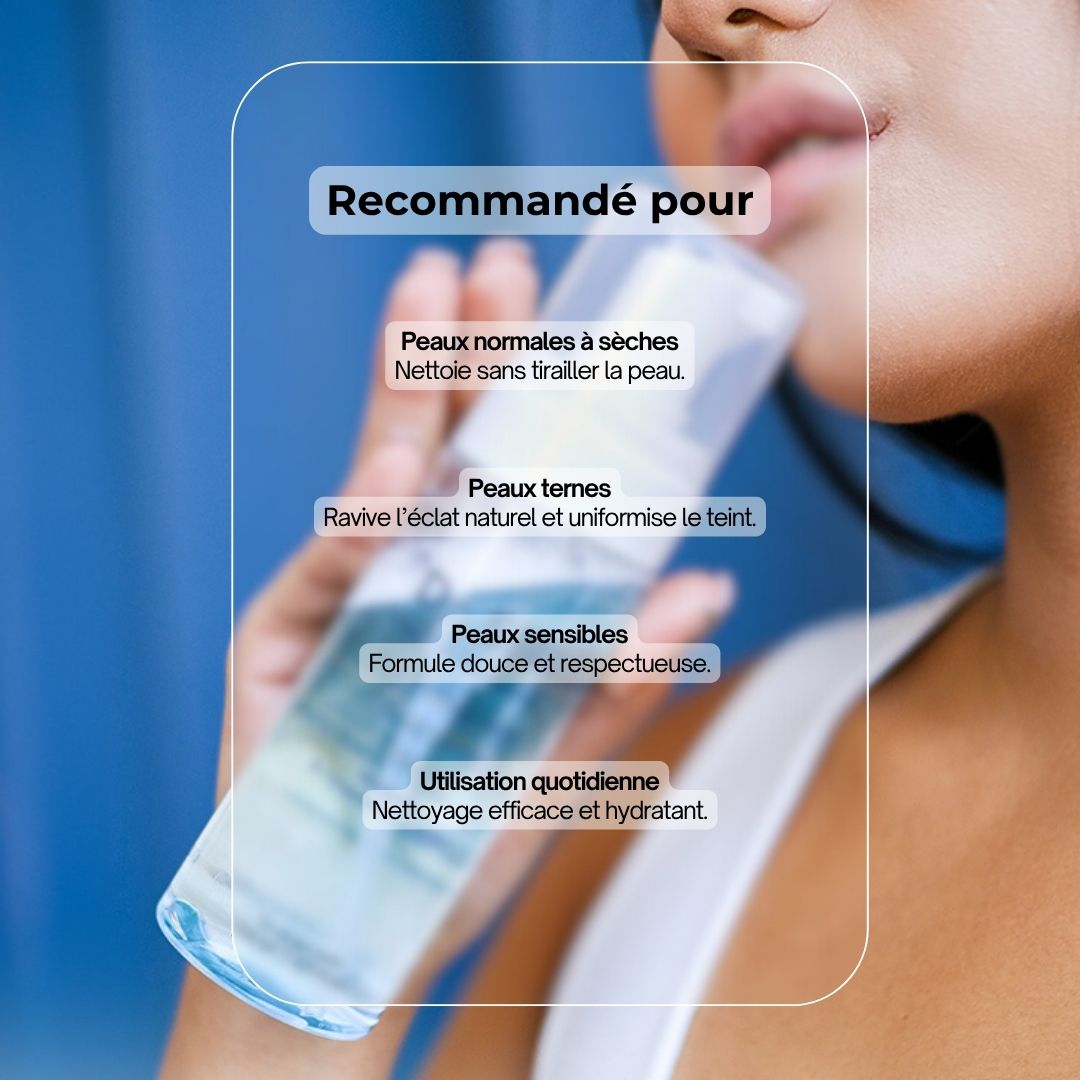 Flacon avec texte. Texte : Recommandé pour : Peaux normales à sèches, peaux ternes, peaux sensibles, utilisation quotidienne.